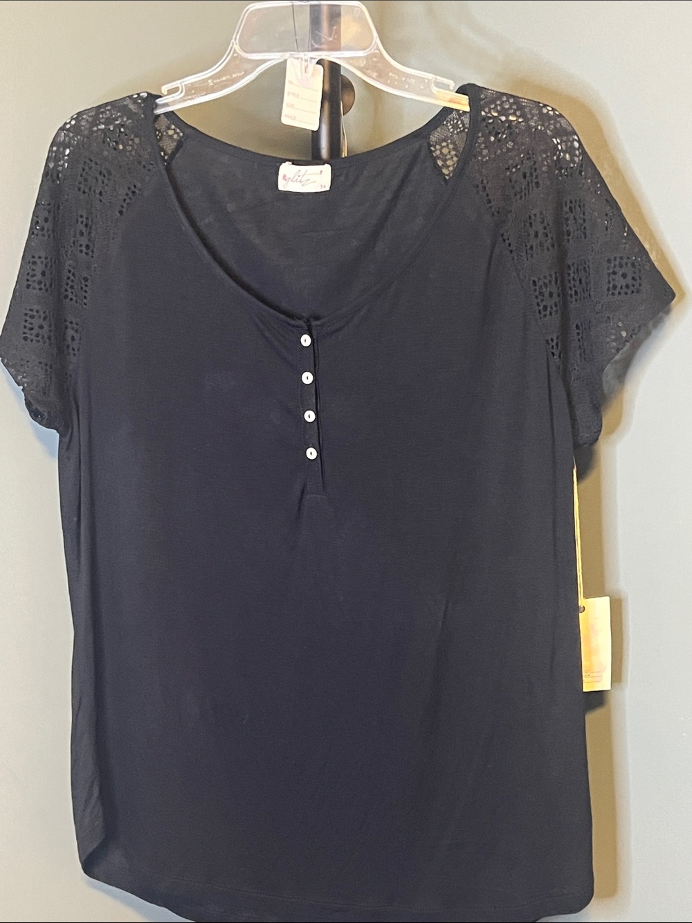 Glitz Black Short-Sleeve Henley with Lace Shoulders